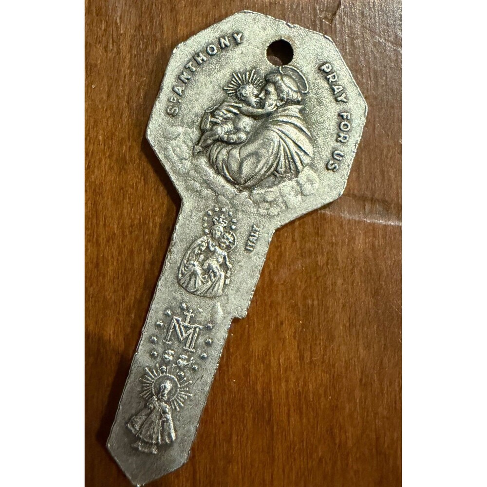 Vintage Italian Pewter Key-Shaped Religious Medal, St. Anthony & St Christopher
